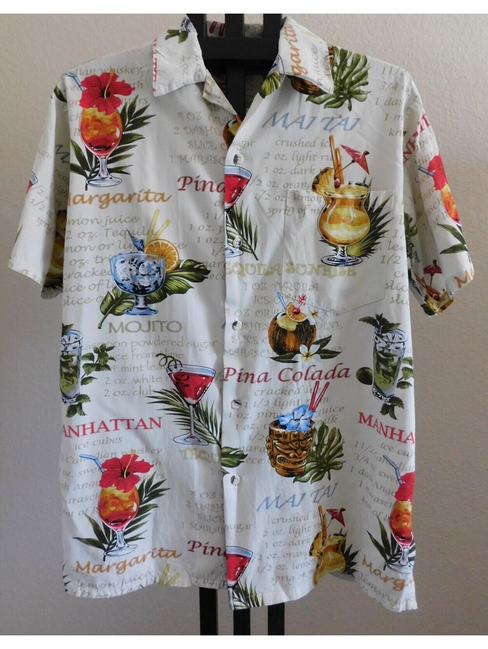 Go Barefoot Hawaiian Shirt Men's Size L Tall Cocktail Recipe Print Made in USA